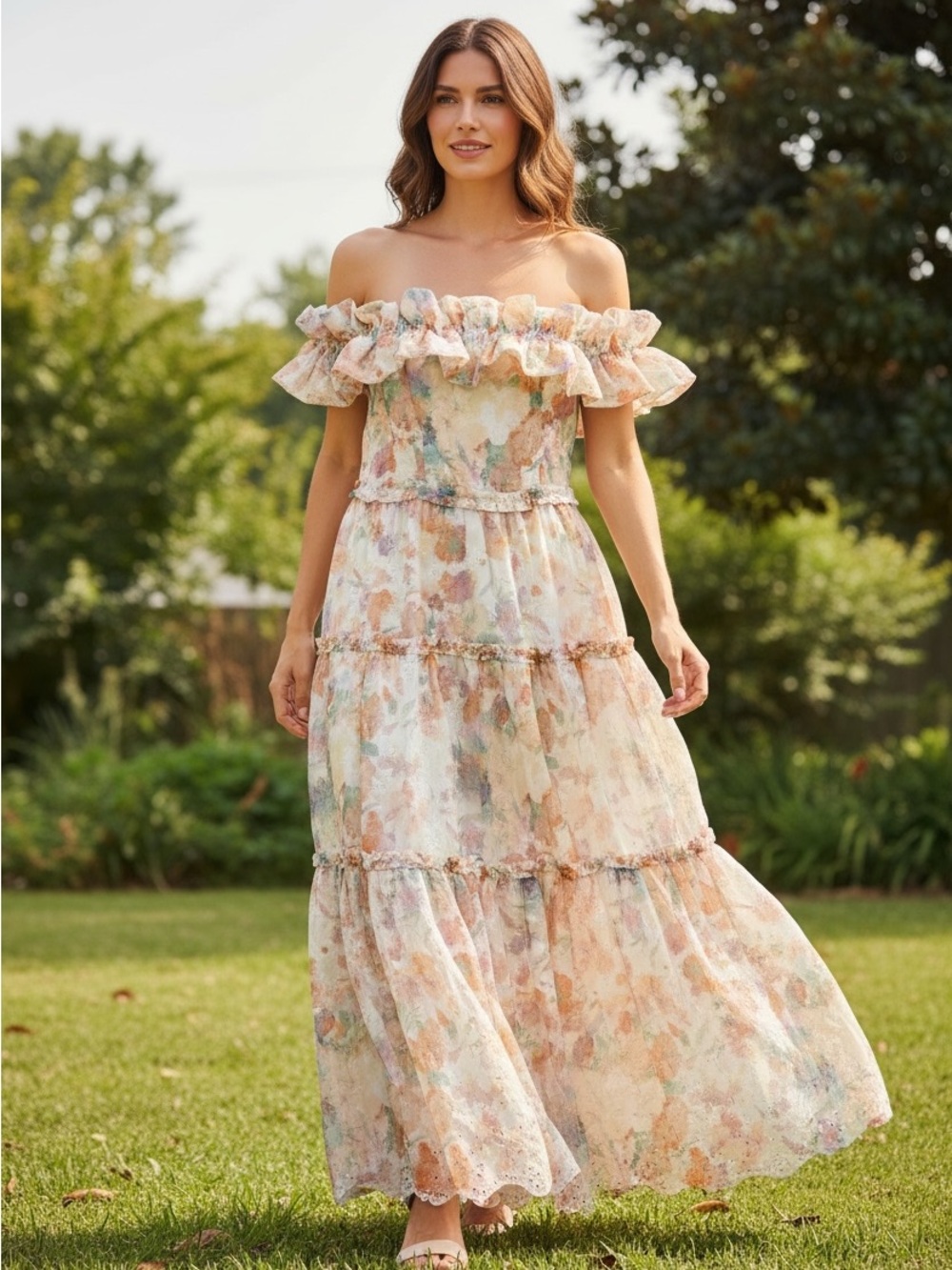 Fate Floral Off Shoulder Tiered Maxi Dress L Cottagecore Boho Romantic